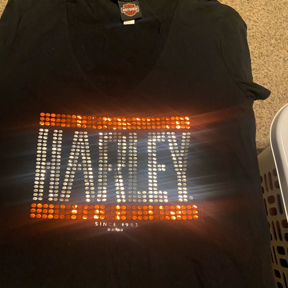 Harley-Davidson Black V-Neck Tee with Orange and Silver Details